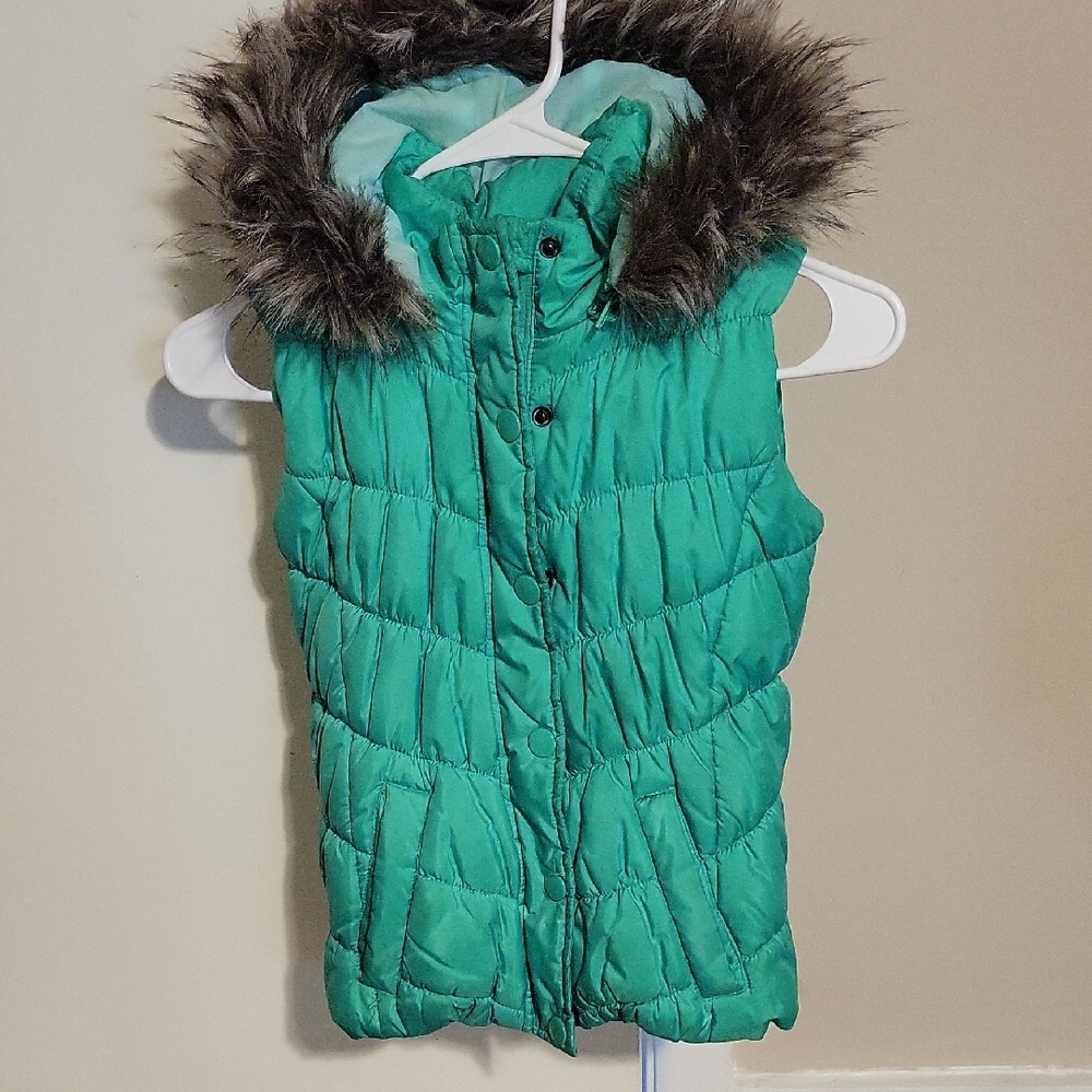 Green Puffer Vest with Faux Fur Hood